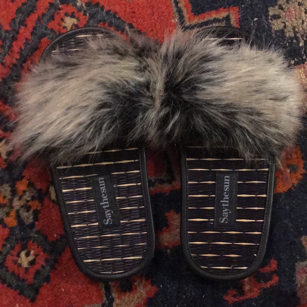 ‘Say The Sun’ fur sandals. Brand new. Never worn
